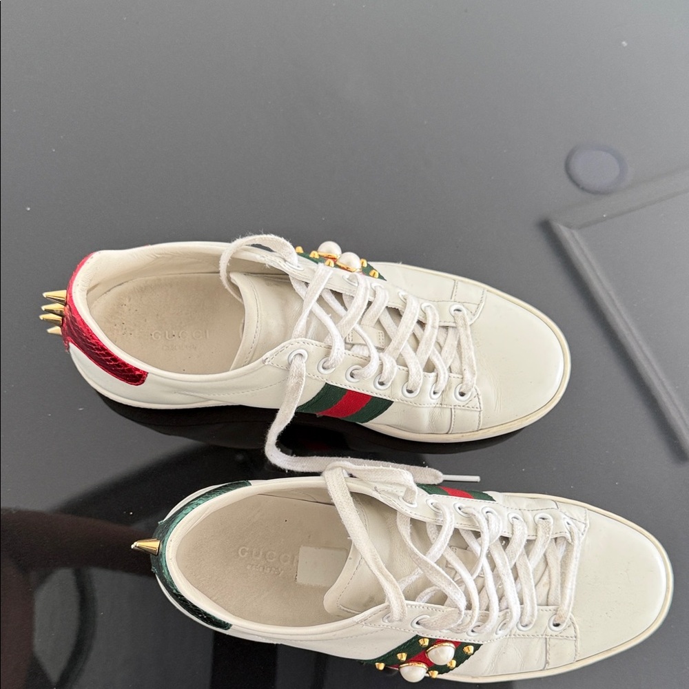 Gucci White Leather Sneakers with Red & Green Web and Metallic Studs
